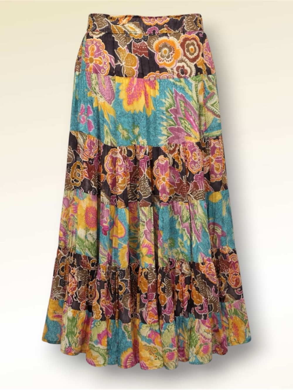 Kamal Multicolor Tiered Boho Tropical Floral Maxi Skirt‎ Size Medium